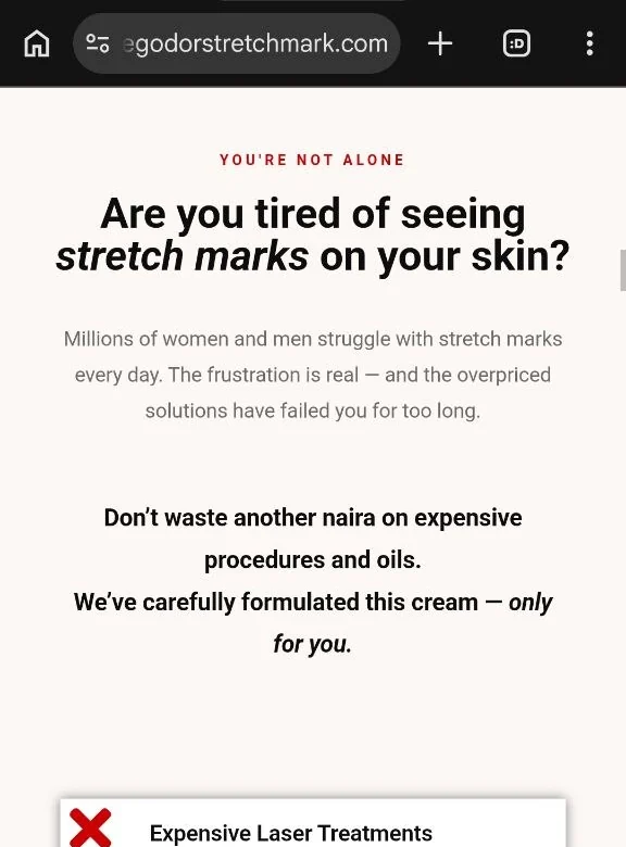 Landing page built for a stretch mark cream offer at egodorstretchmark.com