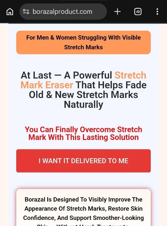 Landing page built for the Borazal stretch mark solution at borazalproduct.com